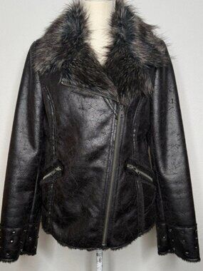 Scully Studded Moto Jacket Faux Fur Collar Black Zip Pockets Size M